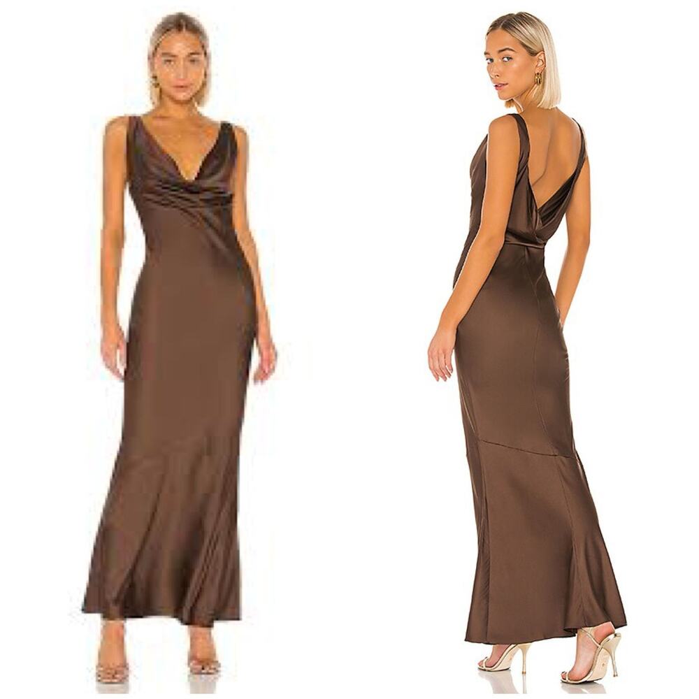 NWT Lovers + Friends Elsie Gown Chocolate Brown Satin Dress Size S